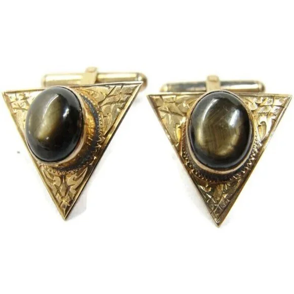 Vintage 10K Gold Black Star Sapphire Cufflinks Triangle Shape Beautiful